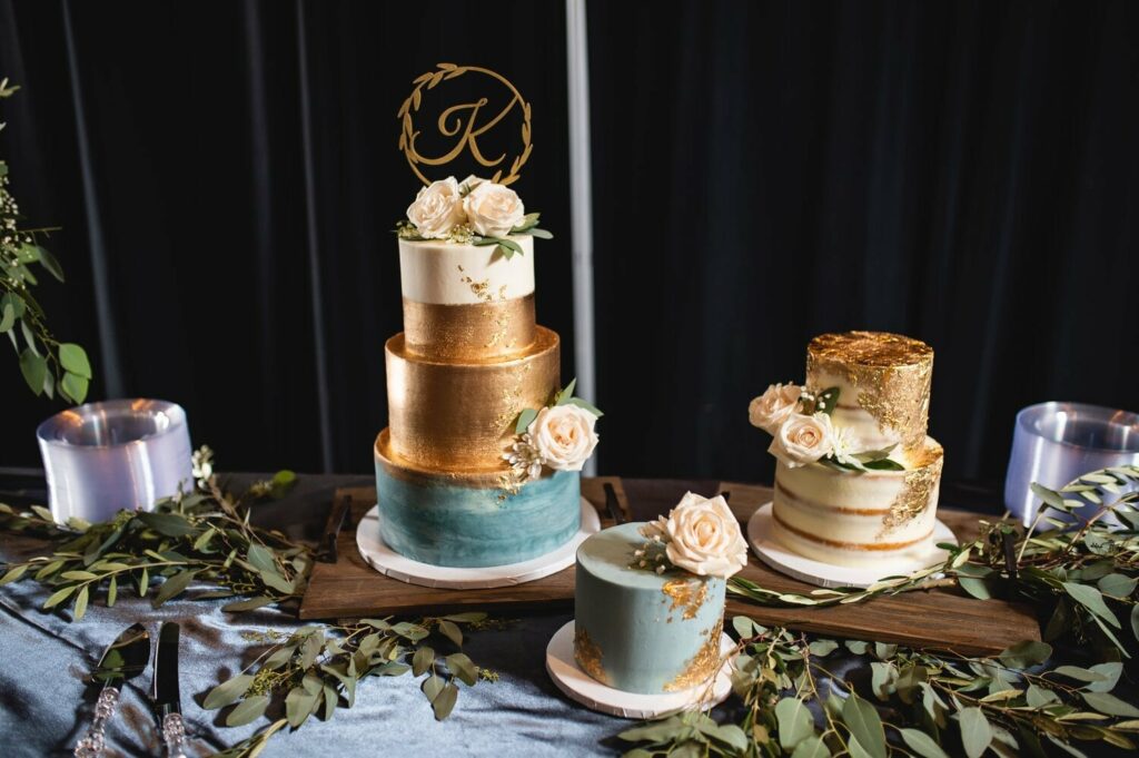 A set of 3 specialty cakes used as an image in wedding invitations