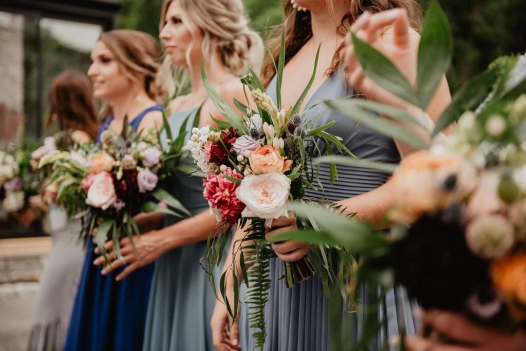 Bride and Bridal Party in Blue and Gray