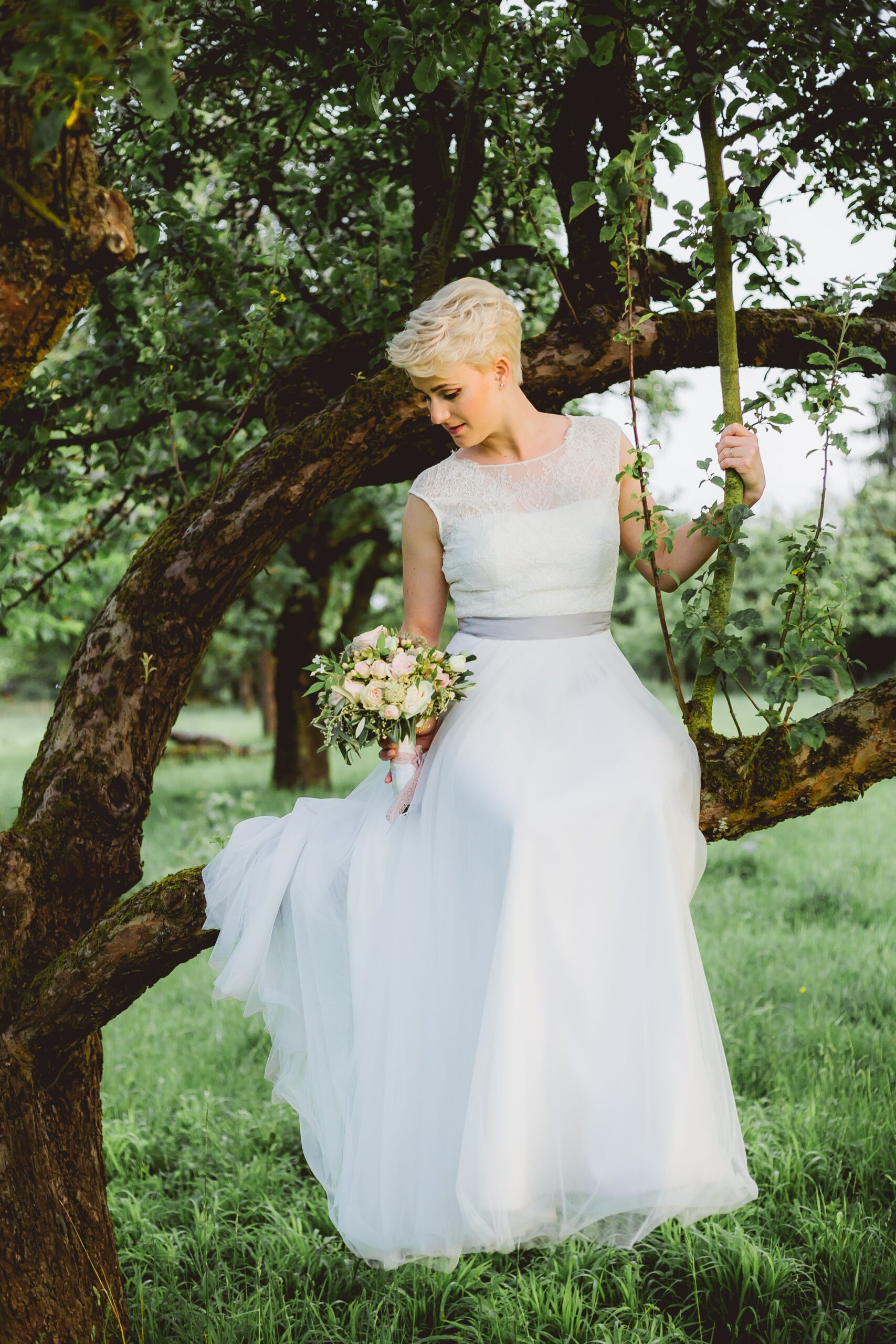 Wedding dress shop pixie cut