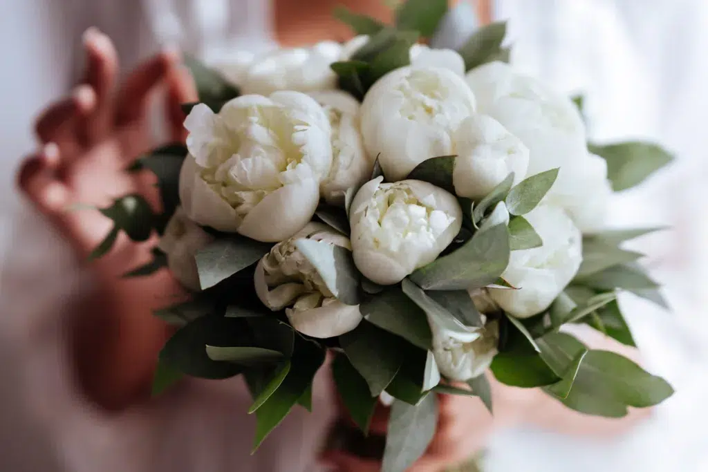 Close up of wedding bouquet containing white peonies